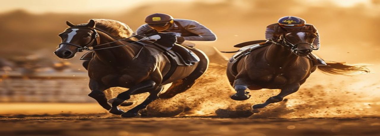 Two racehorses neck and neck on the track