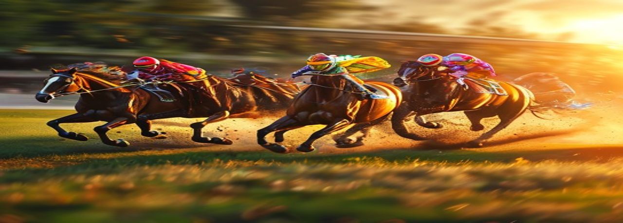 Racehorses and jockeys in a tight finish