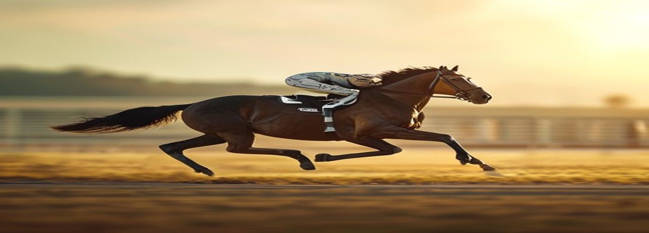 A racehorse galloping along the rail